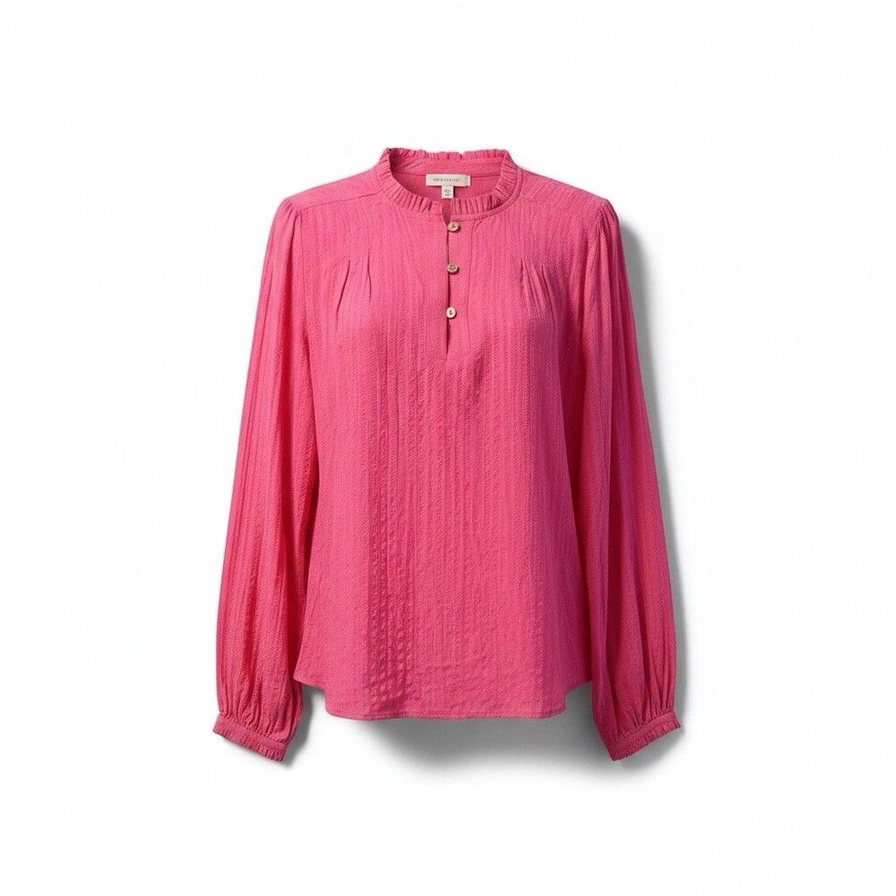 Tommy Hilfiger Women's M Pink Textured Ruffle Mock Neck Henley Boho Cottagecore